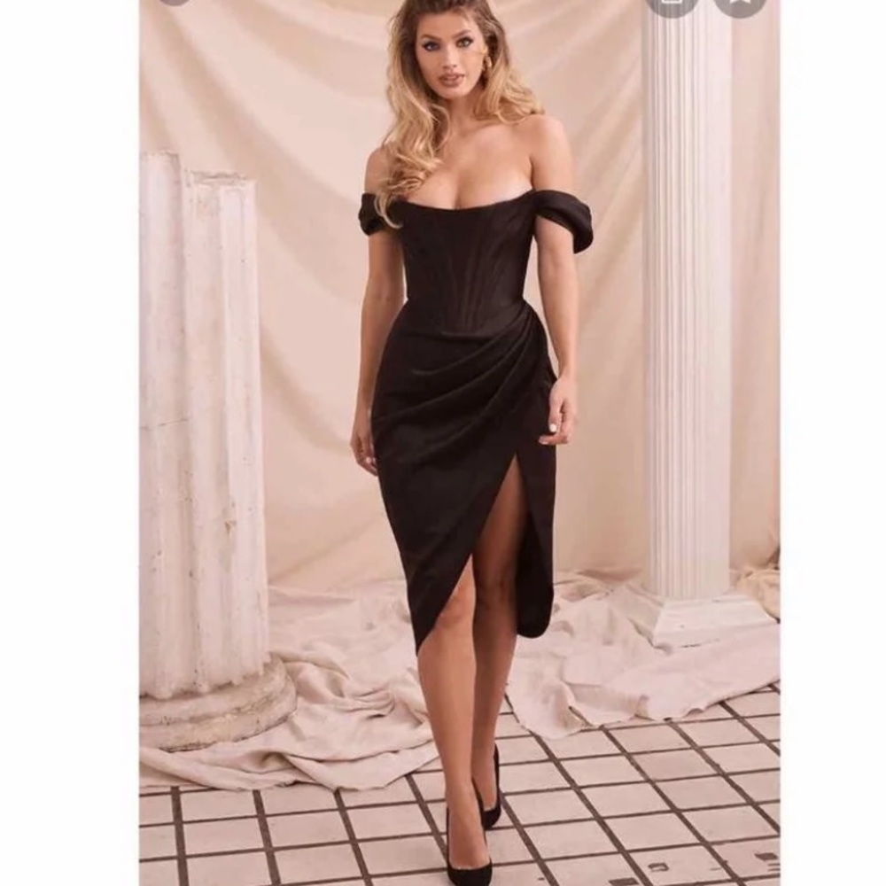 House of CB Loretta Black Satin Corset Off Shoulder Dress